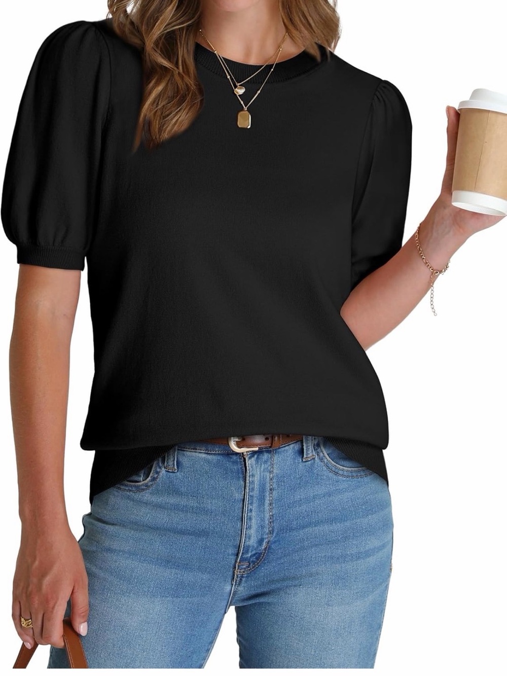 Classic Black Puff Sleeve Crewneck Tee - Women